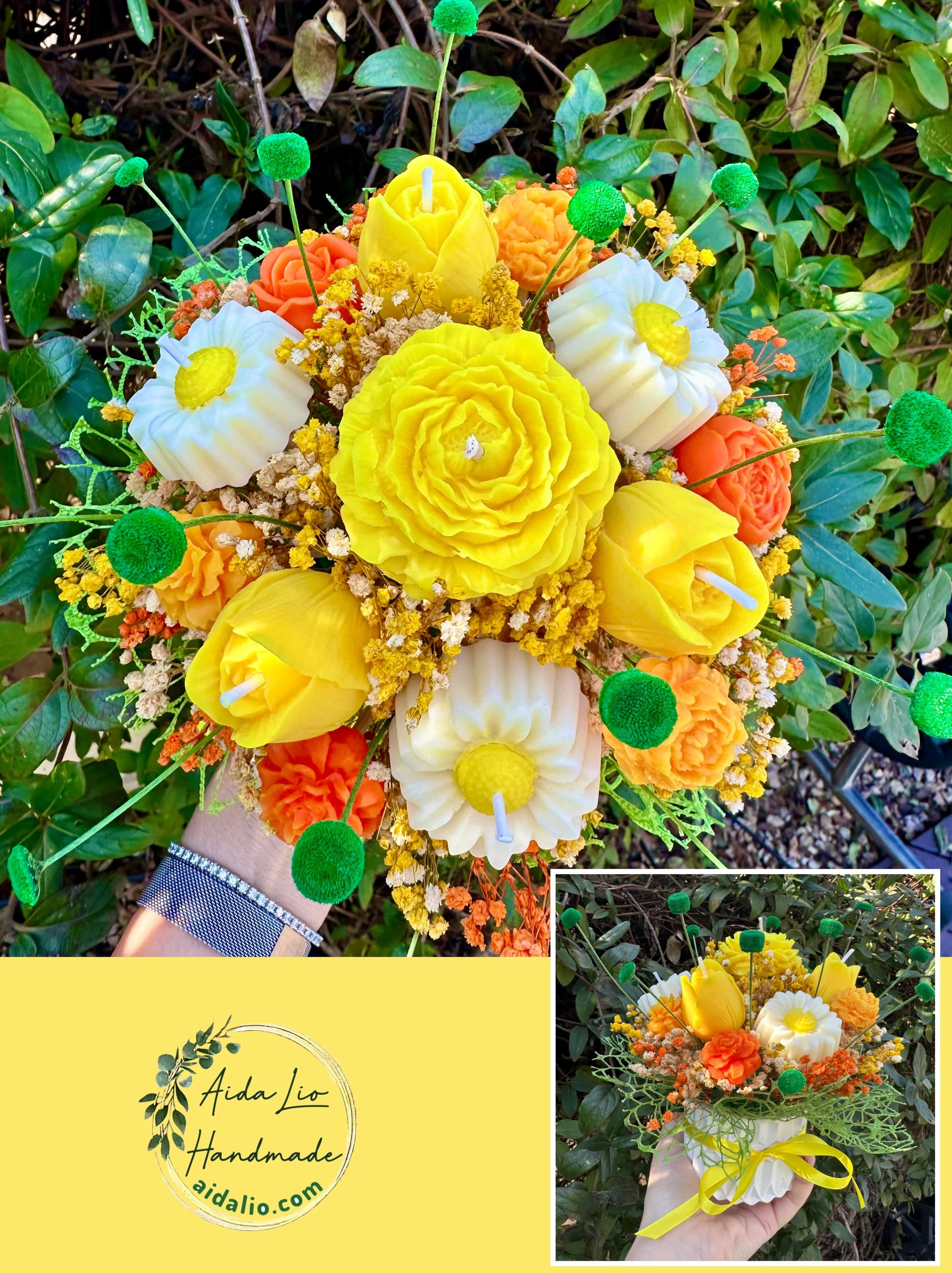 Spring - Aranjament handmade cu flori din ceară naturală parfumată și plante naturale uscate sau criogenate în bol ceramic turnat manual - 150 lei