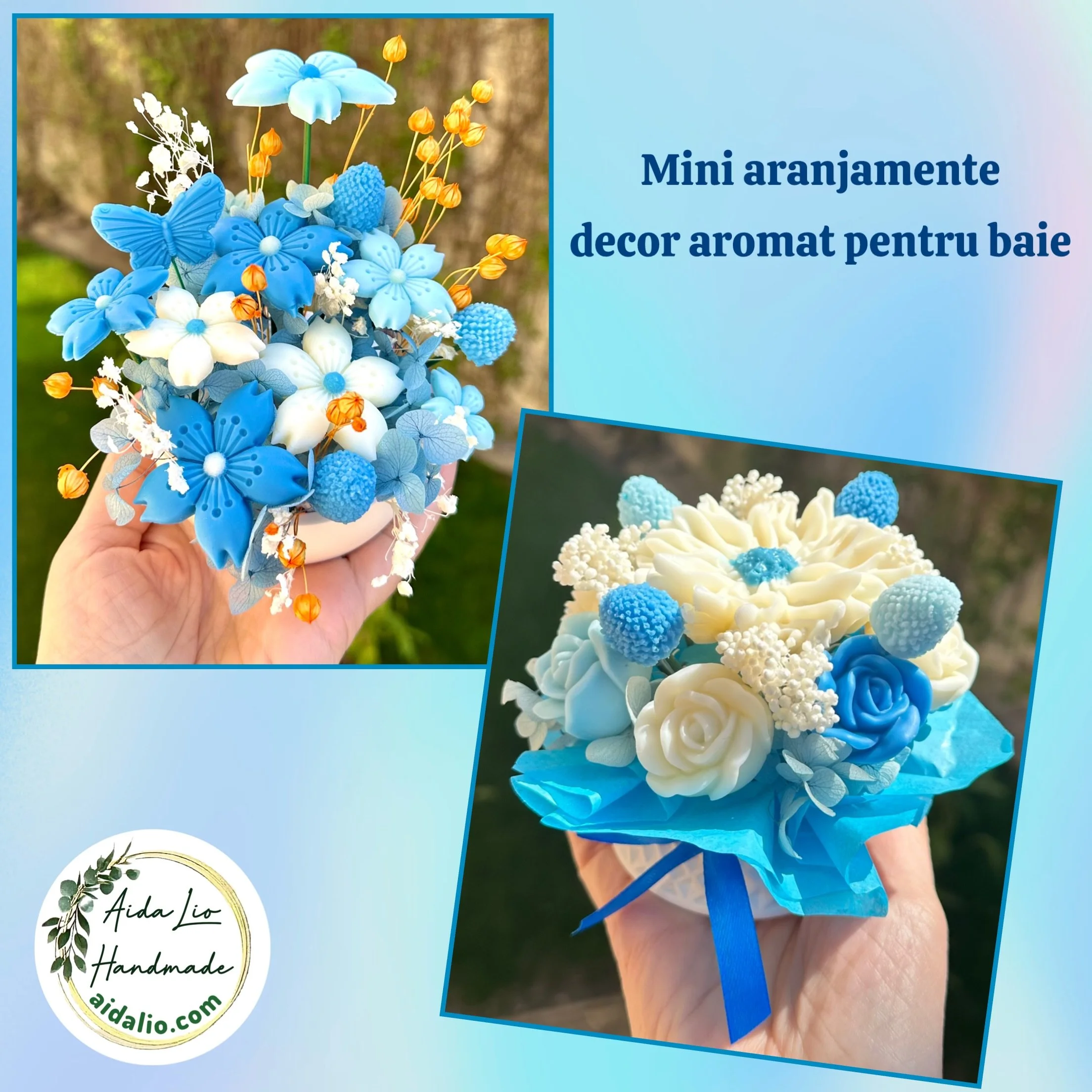 Decor aromat pentru baie - mini aranjamente handmade cu ceară naturală parfumată și plante naturale uscate  în bol ceramic turnat manual - 75 lei