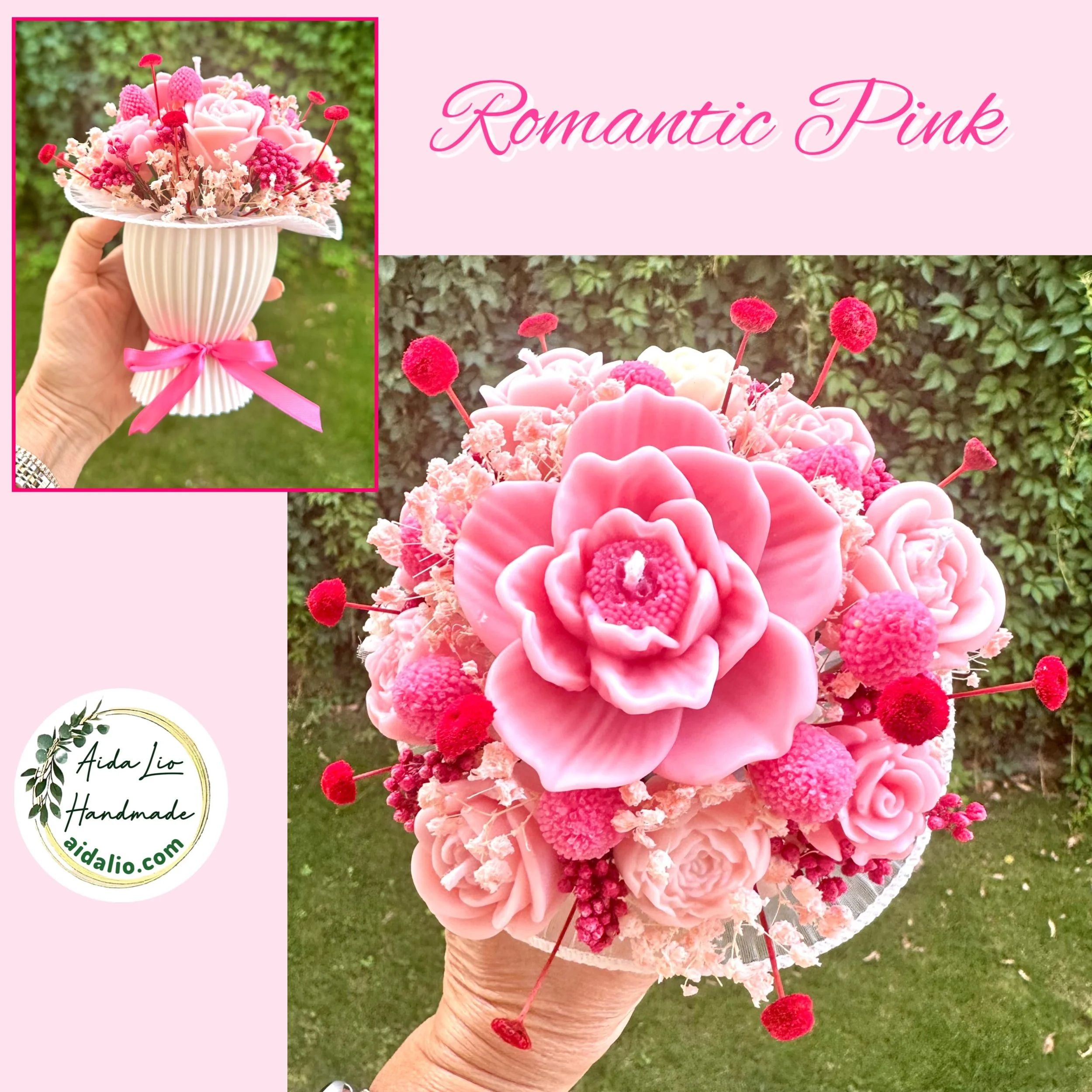 Romantic Pink - Aranjament handmade cu flori din ceară naturală parfumată și plante naturale uscate sau criogenate în bol ceramic turnat manual - 150 lei