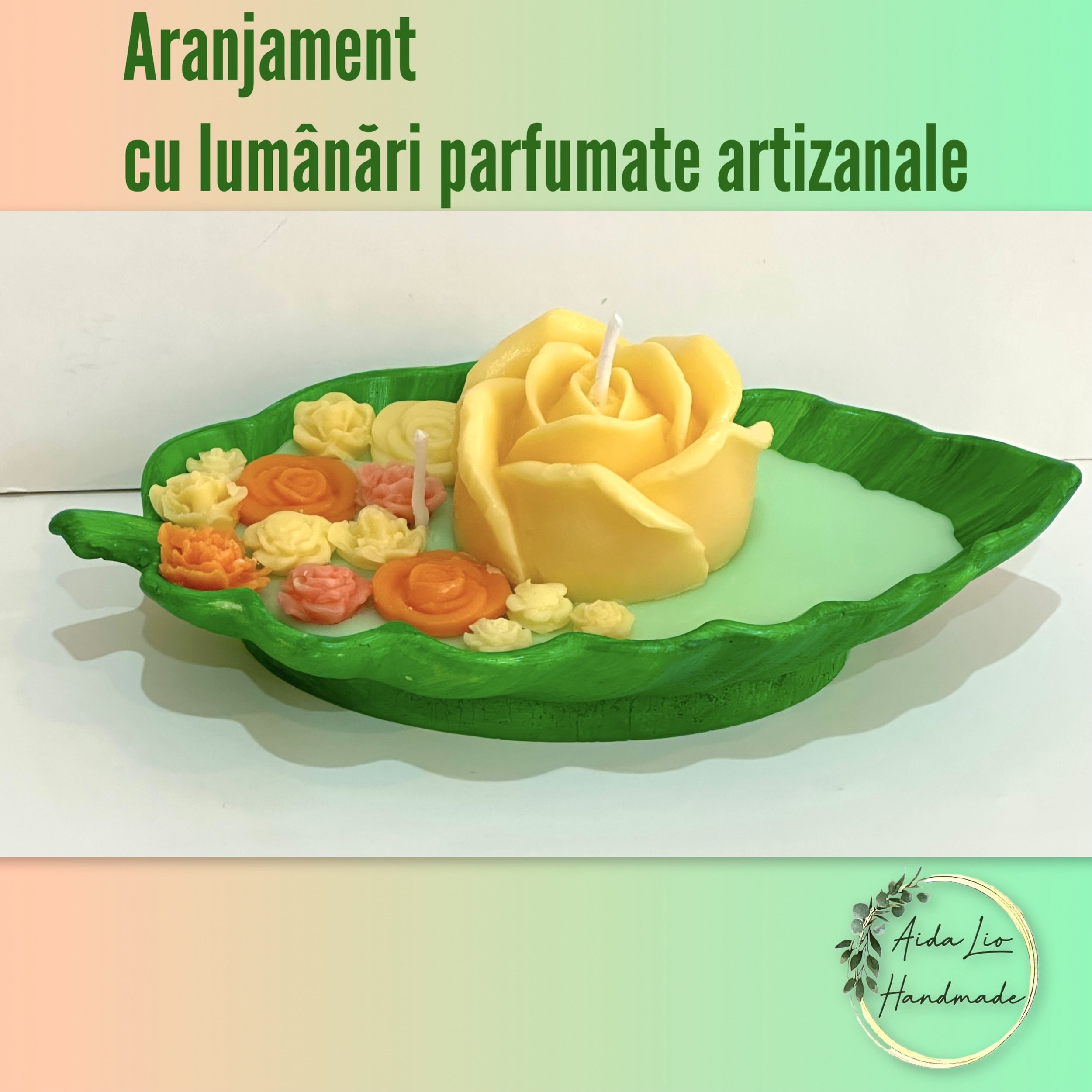 Frunza - recipient turnat manual din ceramică, umplut cu ceară naturală și decorată cu flori din ceară parfumată cu uleiuri esențiale - 85 lei