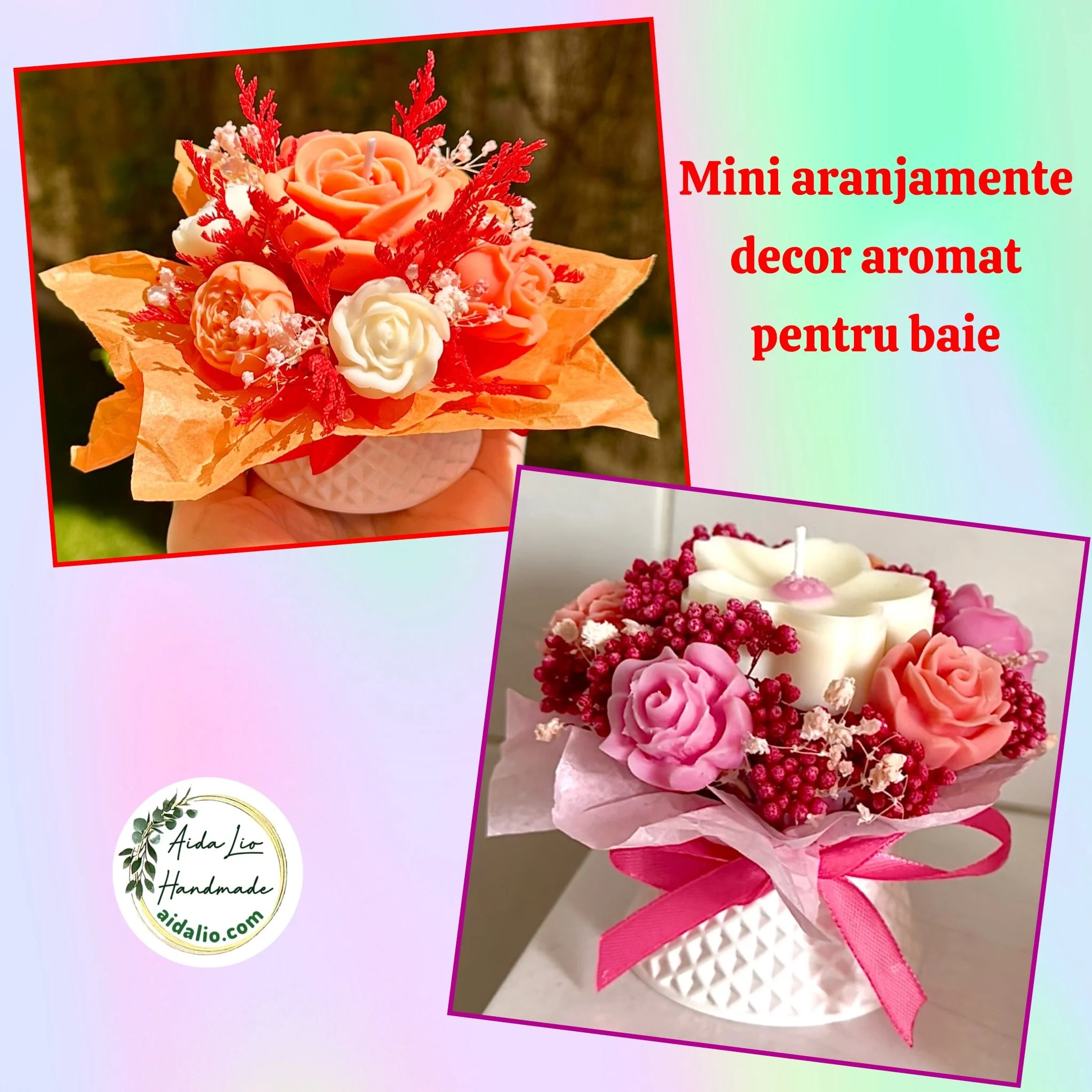 Decor aromat pentru baie - mini aranjamente handmade cu ceară naturală parfumată și plante naturale uscate  în bol ceramic turnat manual - 75 lei