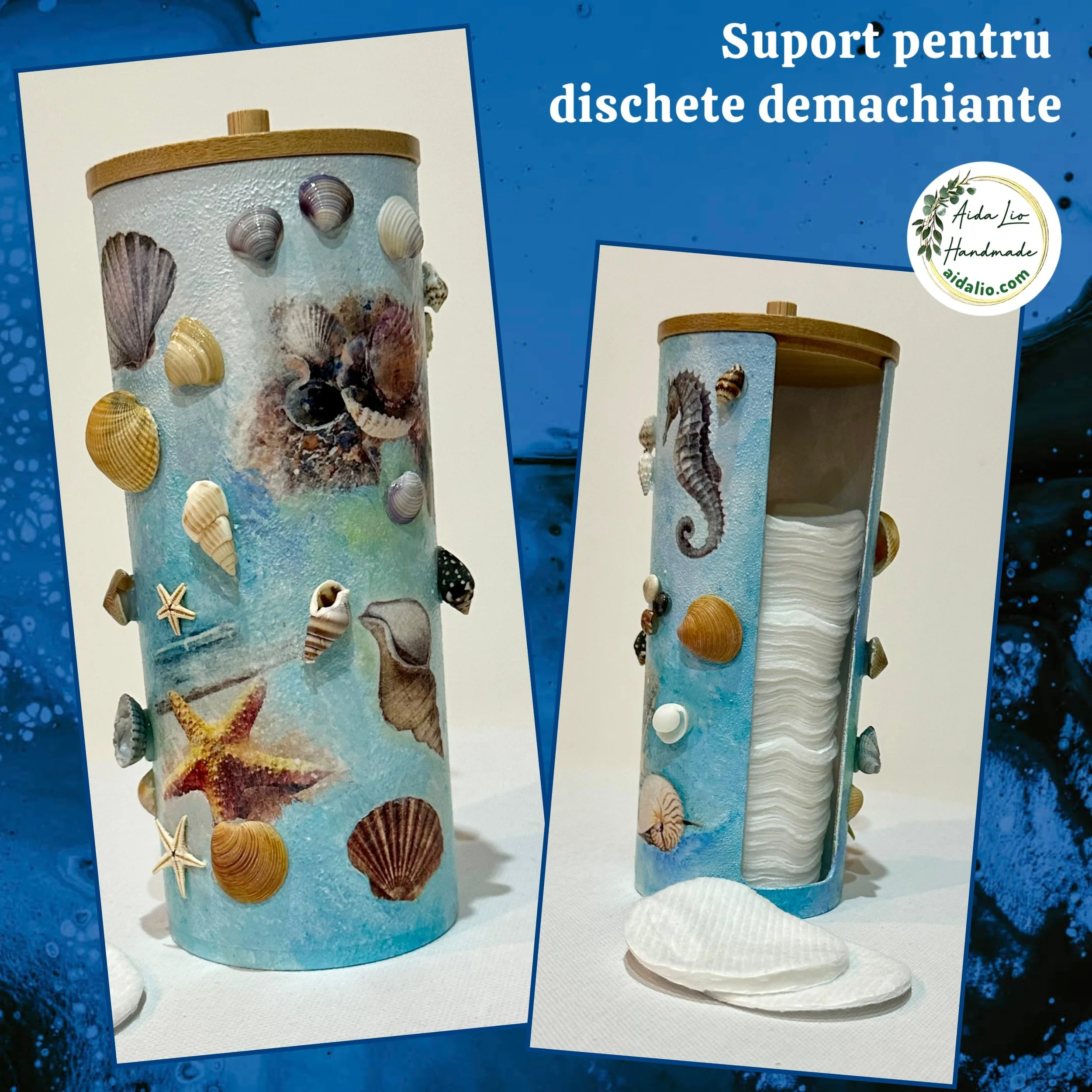 Mediterana - suport pentru dischete demachiante (din acrilic, cu capac din bambus) decorat și pictat manual  - 60 lei