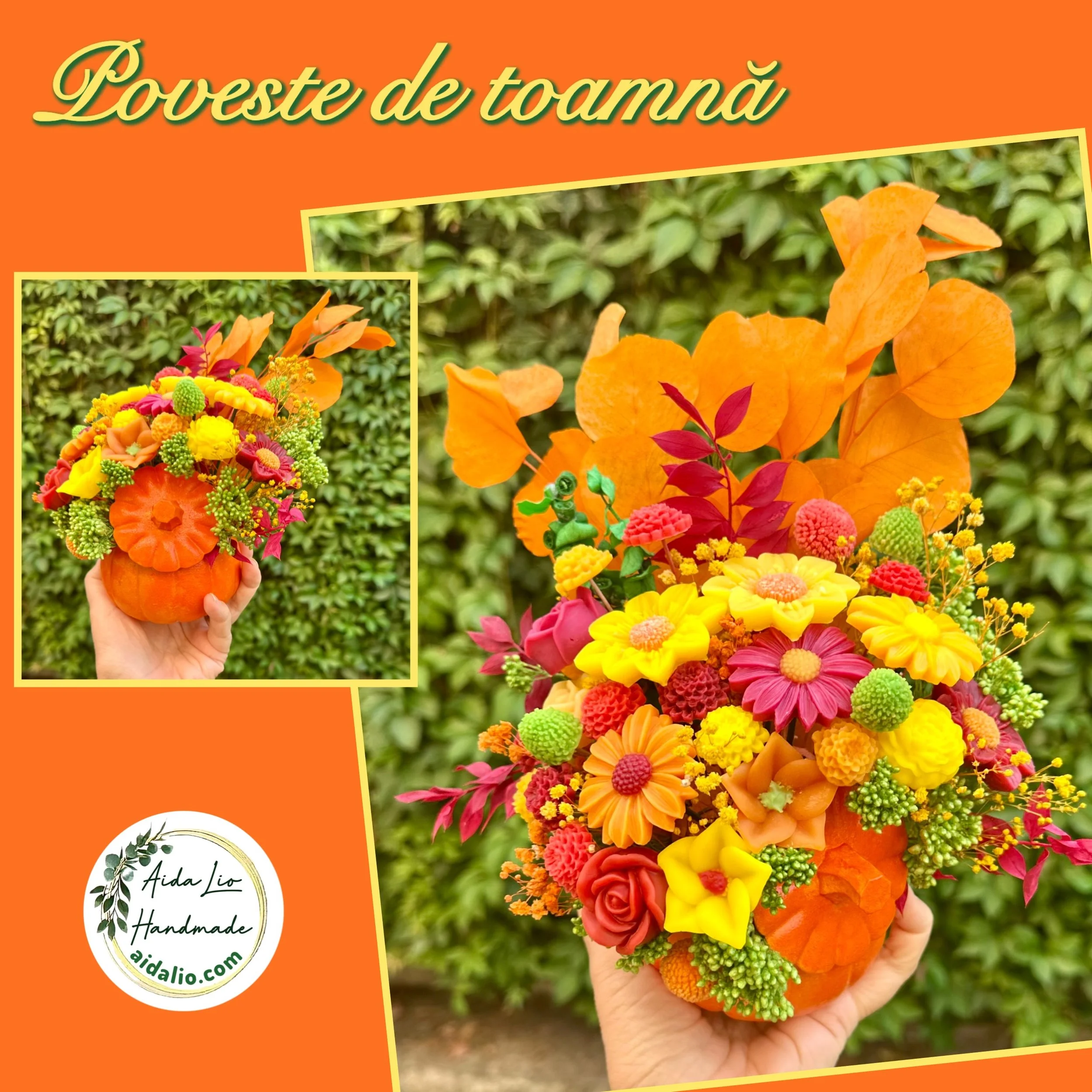 Poveste de Toamnă - un dovleac ceramic turnat și pictat manual plin cu flori din ceară naturală parfumată și plante naturale uscate sau criogenate - 180 lei