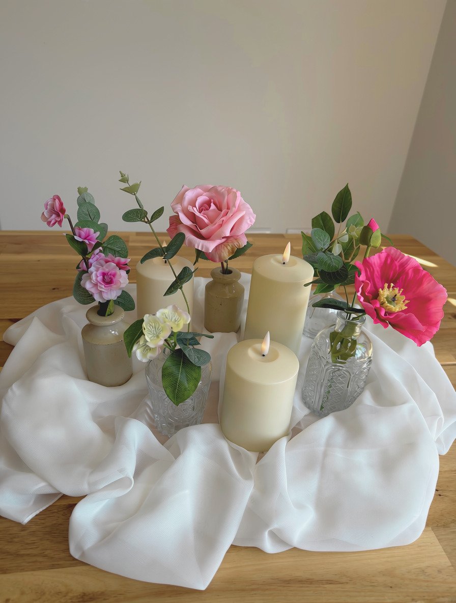 Blush pink artificial flower bud vase wedding centrepiece with LED pillar candles