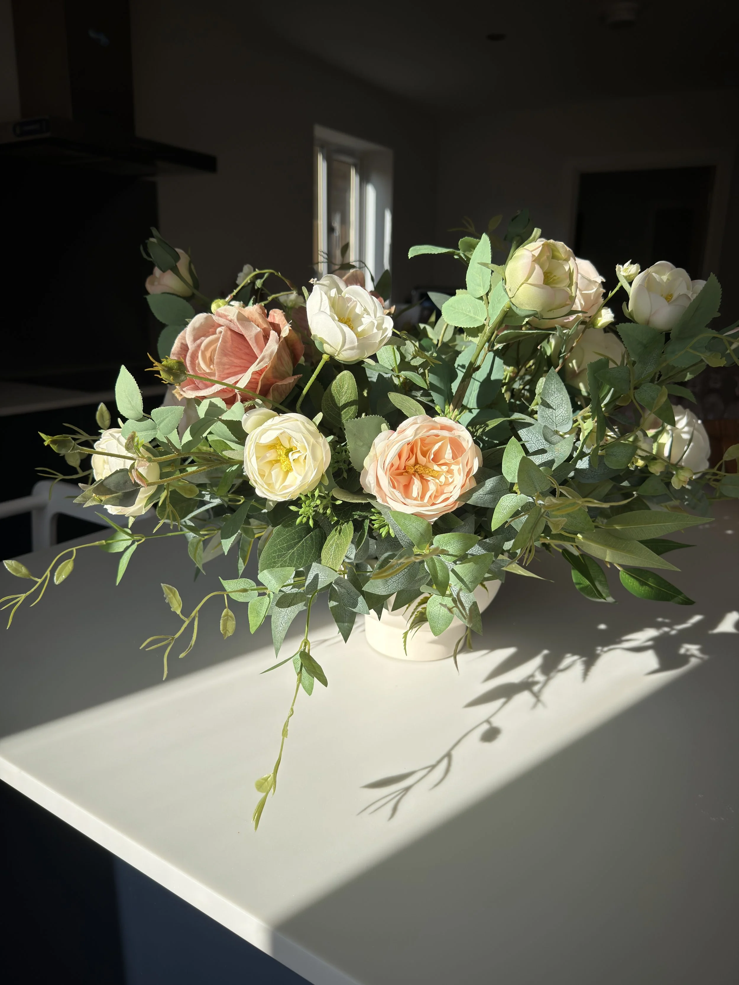 Bespoke blush pink artificial flower bowl arrangement for weddings