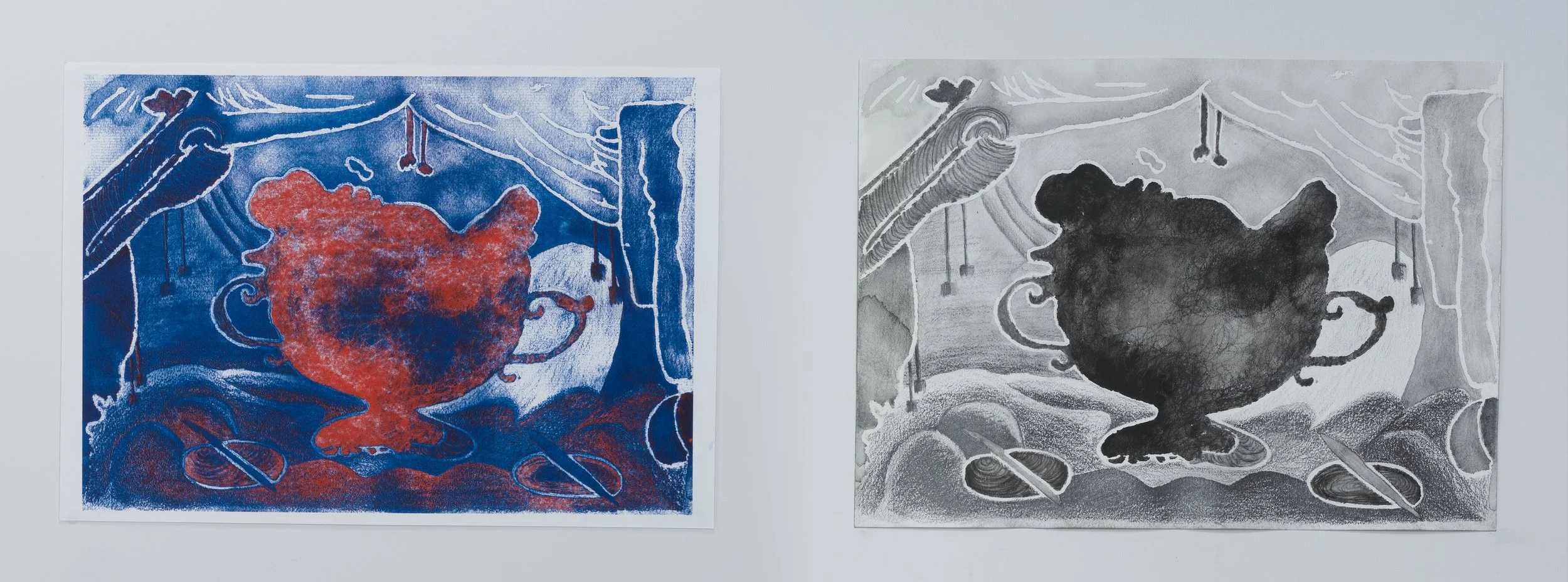 Riso Series of Urn Drawing, Riso prints and Ink Drawing on A3