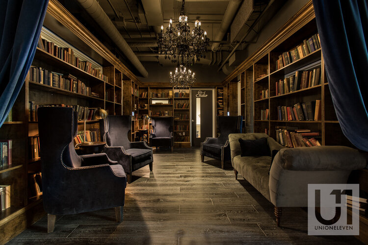 Professional commercial photography of the library at Shopify's Ottawa offices