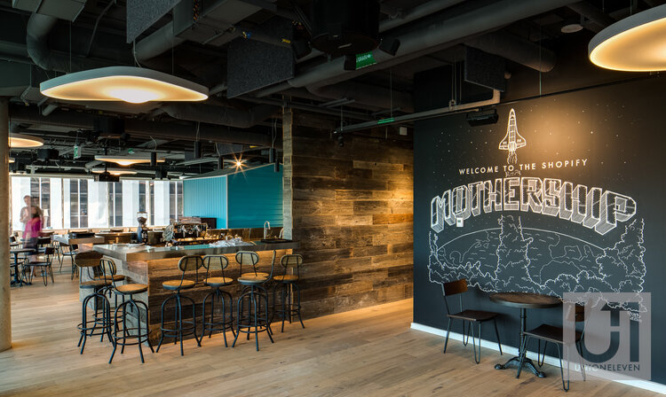 Professional commercial photography of the cafe at Shopify's Ottawa offices