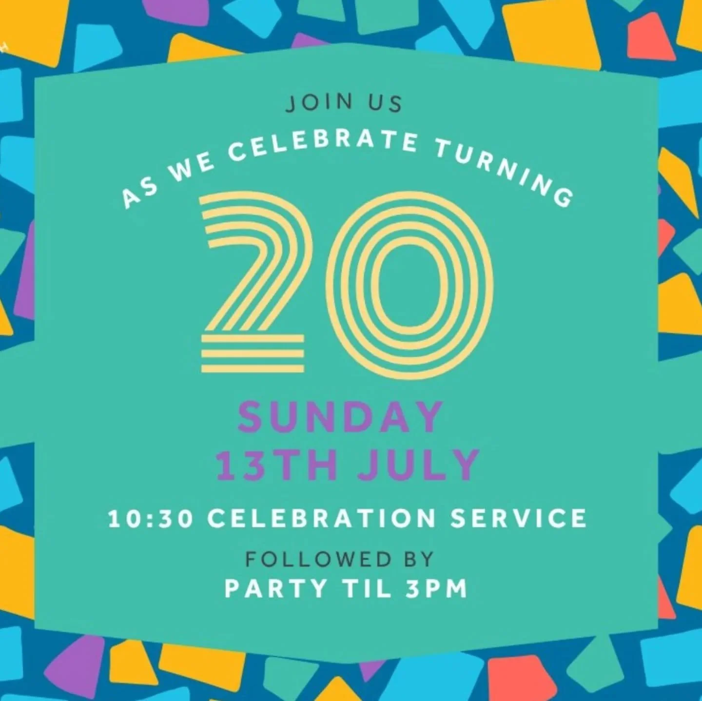 We turn 20, so why not have a party 🥳 🎉 
City-wide-Celebration at our South Gathering (Cockburn high school LS11 5tt) 
10:30am 
We'll have a service honouring God for all He's done and remembering His faithfulness to us. 
We'll then end with a part