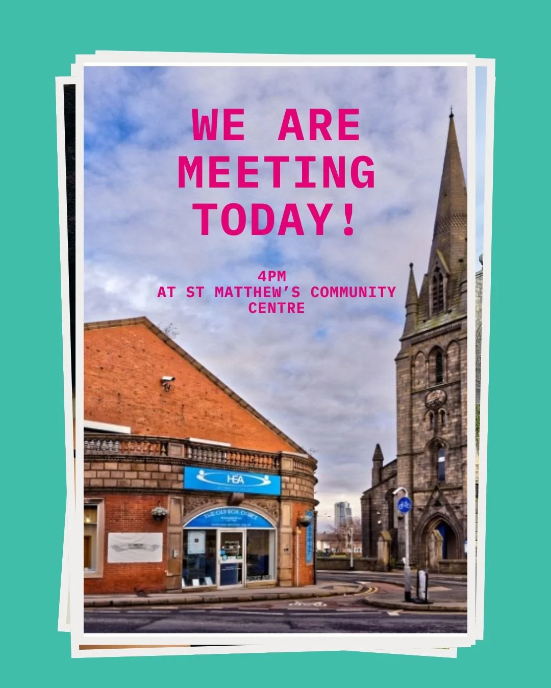 Good Morning Holbeck!  We are meeting together this afternoon at 4pm at St Matthew's Community Centre.  Come and join in the free refreshments, moment of worship and short talk and time to chat.  See you there! 😉
