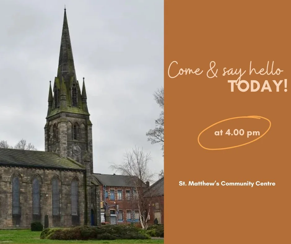 We're meeting today at 4 pm at St. Matthew's Community Centre.  This is a wonderful opportunity to worship and pray together as a community. Come say hello and grab a cuppa. Everyone is welcome!
See you there!