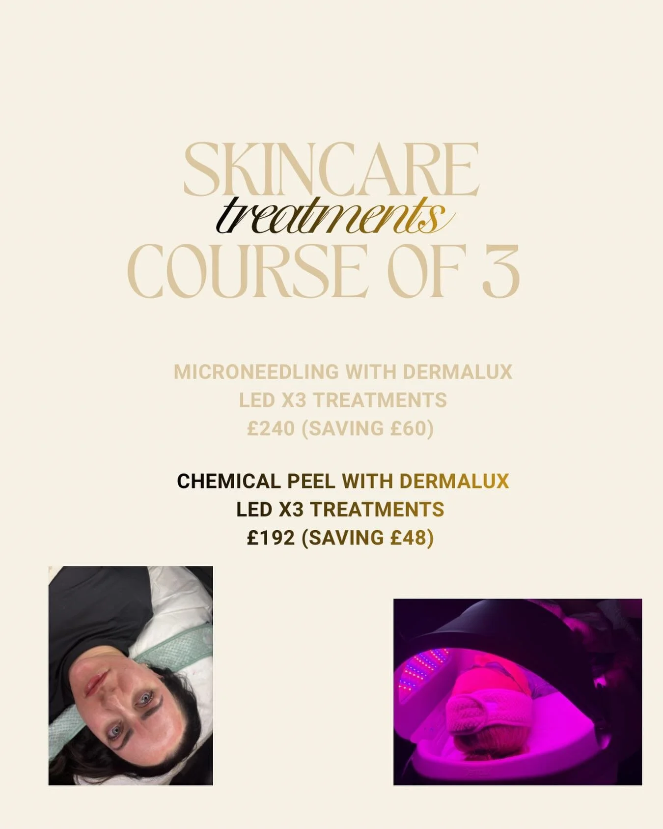A few people have asked if I am offering a discount for a course of 3 treatments ⬇️

It is recommended to have a minimum of 3 of any treatment to see a real difference. Remember skin is an investment and one treatment will not give you long lasting r
