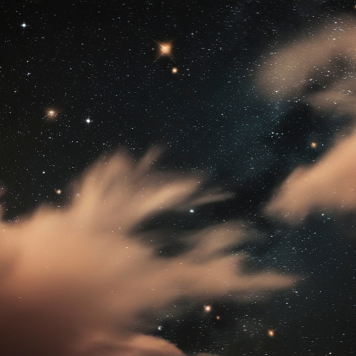 Night sky with stars, some clouds, and celestial objects visible.