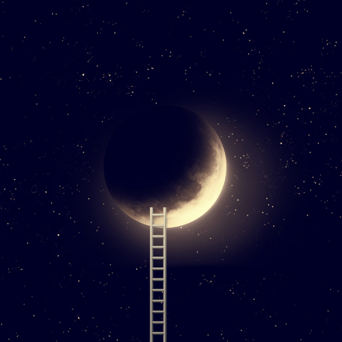 A ladder reaching towards a crescent moon surrounded by stars in space.