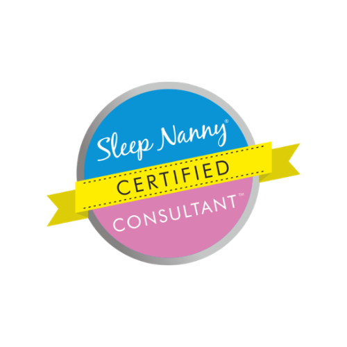 Sleep Nanny Certified badge with blue and pink circle and yellow ribbon.