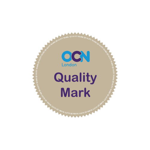 Close-up of a beige circular badge with serrated edges. The badge displays the blue and purple 'OCN London' logo at the top and the text 'Quality Mark' in purple below.