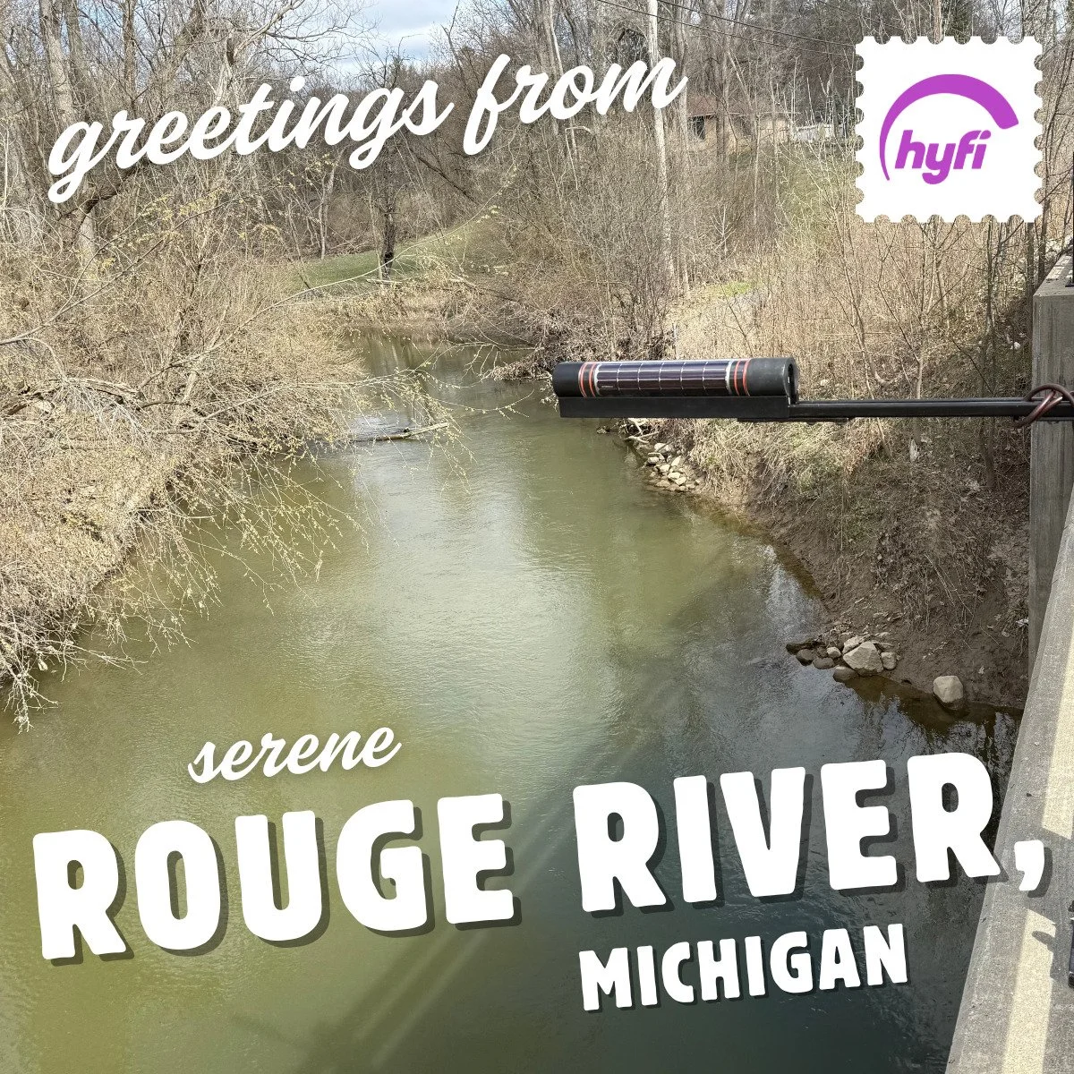 Greetings from Hyfi, wish you were here on the serene Rouge River in Michigan!

Hyfi is working with the City of Southfield to track water levels along the Rouge River, supporting local water resource management. Hyfi monitors provide continuous meas