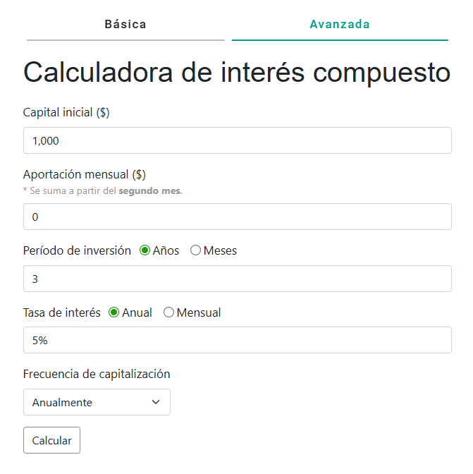 Calculadora de interés compuesto en modo avanzado con campos para capital inicial, aportación mensual, período de inversión en años, tasa de interés anual y frecuencia de capitalización, junto a un botón para calcular.