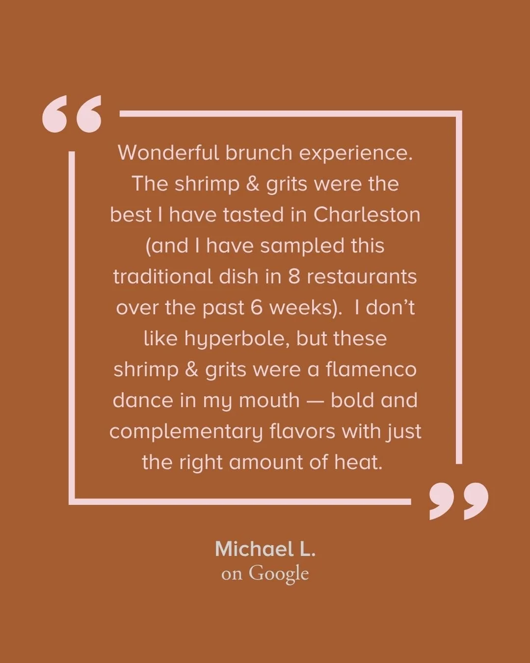 That's high praise for a city known for its Shrimp and Grits&mdash;so good, in fact, that they've been described as a flamenco dance in your mouth 🦐💃 We'll take it. Thanks for the love, Michael.
