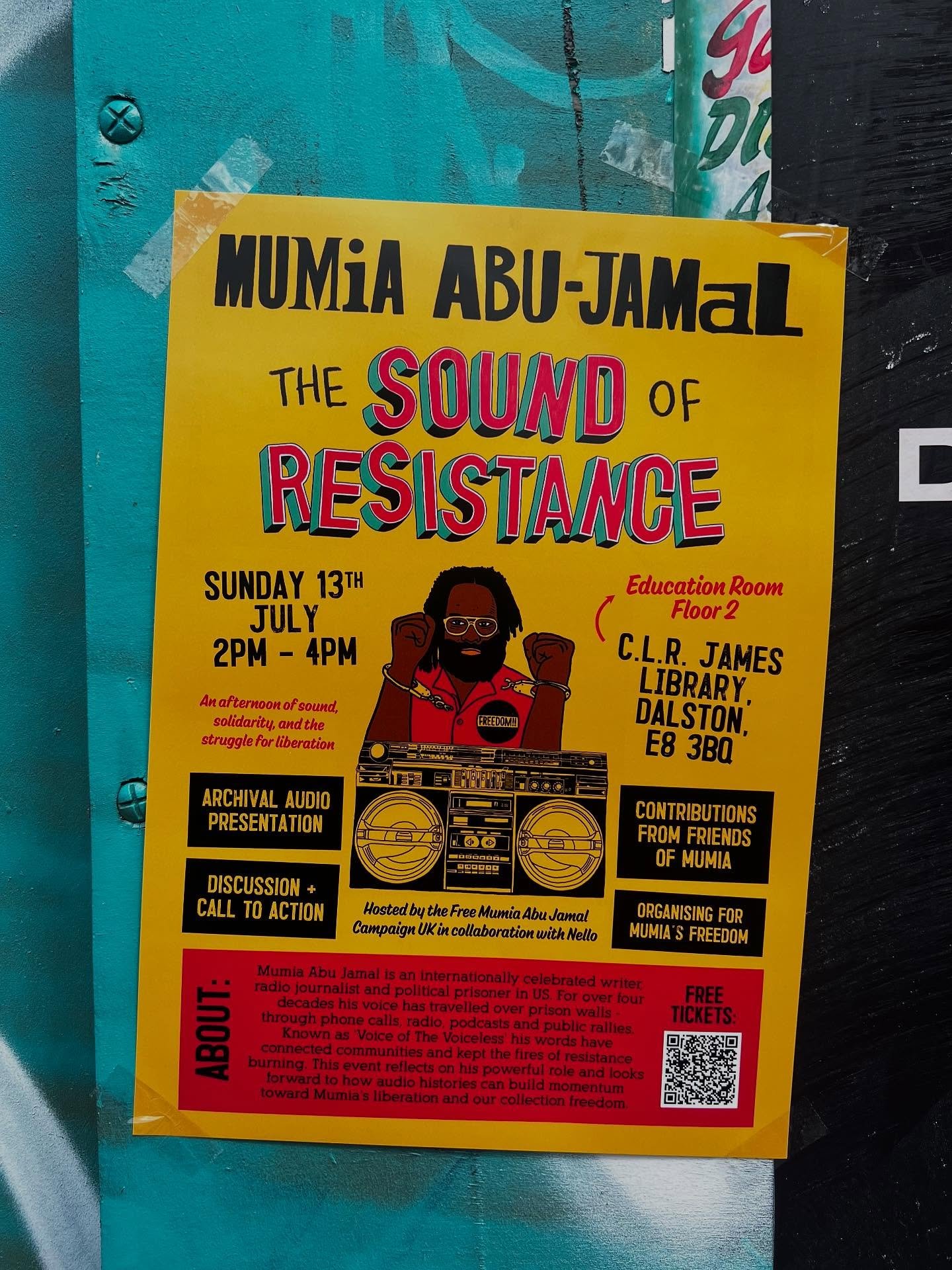 Mumia Abu-Jamal: The Sound of Resistance. 

Join us on 13th July 2-4pm at CLR James Library in the education room for an afternoon of sound, solidarity and the struggle for liberation.

Please share far and wide.

#London #Hackney #FreeMumia #MumiaAb