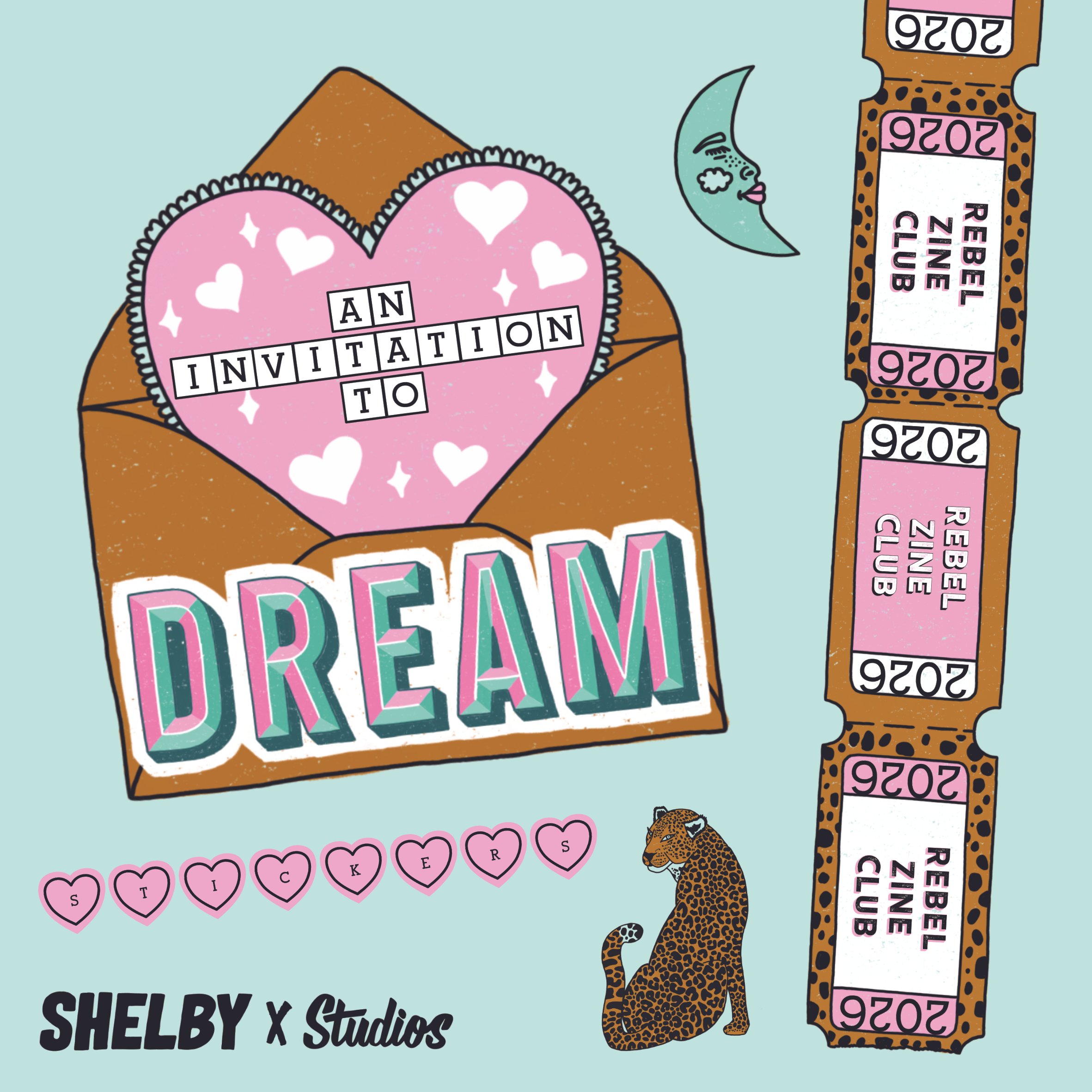 An illustrated opening envelope revealing a pink heart-shaped card with white hearts and stars, spelling out "An Invitation to" inside. Below, there are pink heart-shaped stickers with black letters spelling out "S T I C K E R S". To the right, a leopard print ruler and a small illustrated leopard. The text "Shelby x Studios" is at the bottom in black.