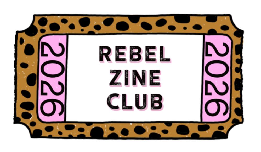 A ticket design for the Rebel Zine Club 2029 featuring a cow print border, pink side panels with black numbers, and black text in the center.