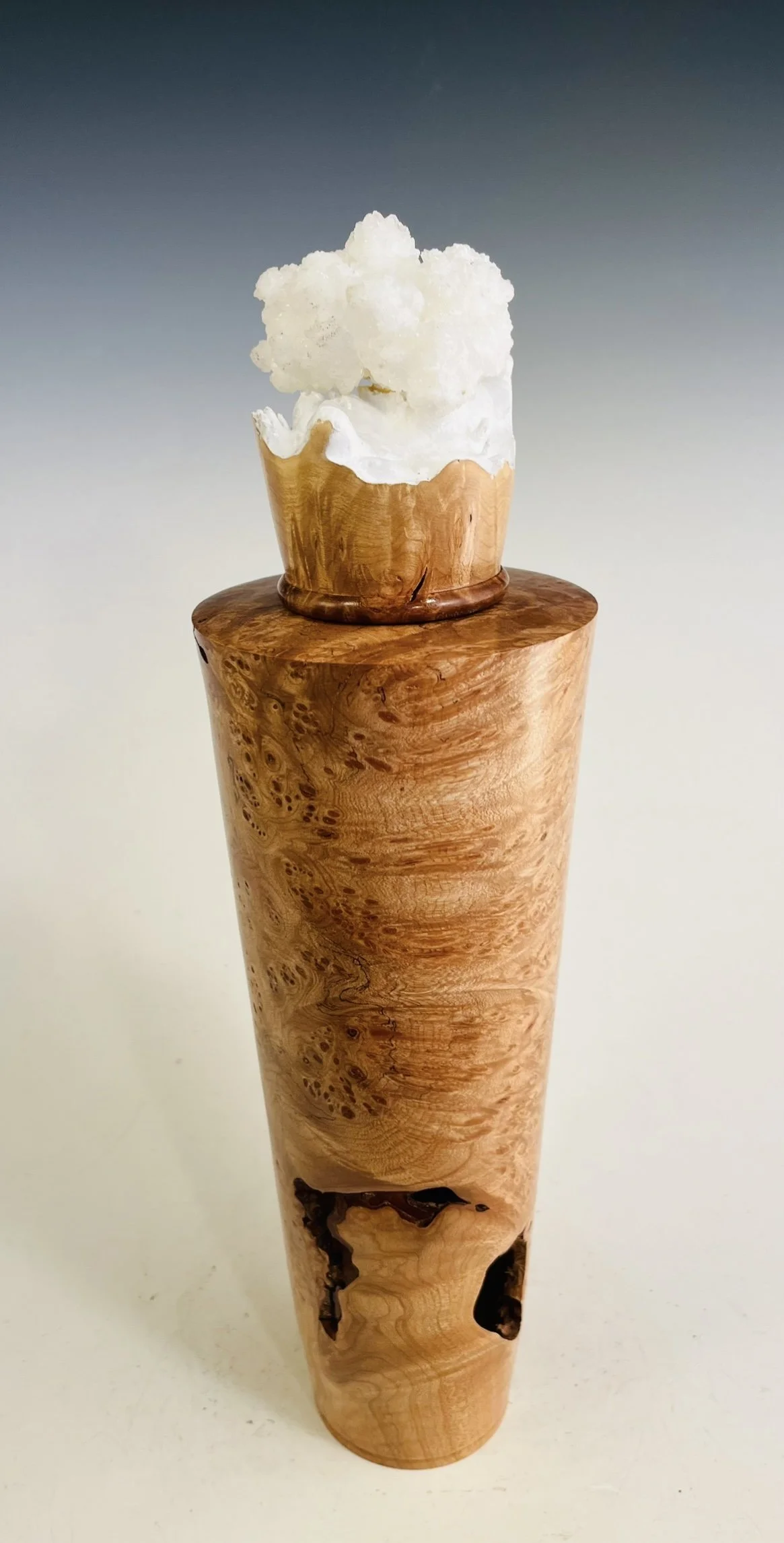 Maple Burl Hollow Form/ White Aragonite Crystal