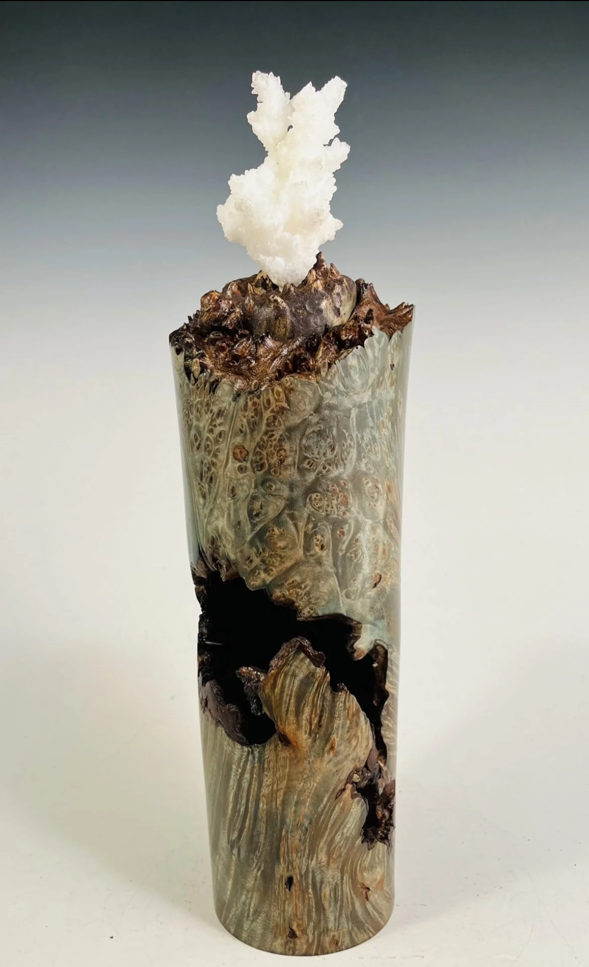 Maple Burl Hollow Form/ White Aragonite Crystal