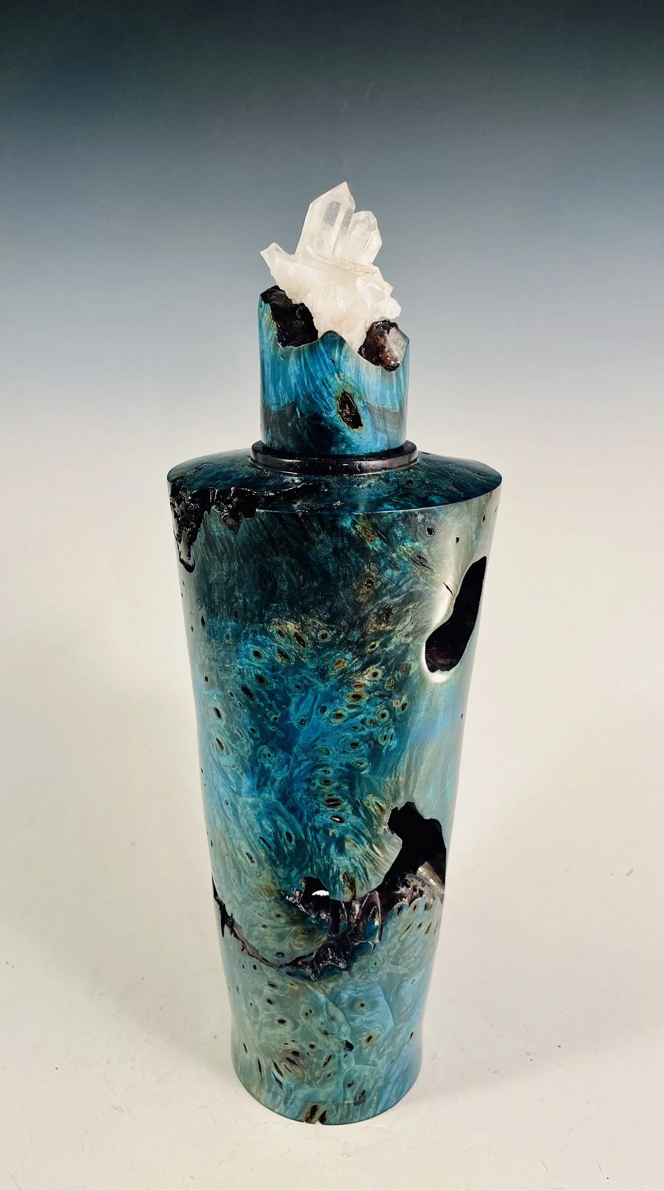 Buckeye Burl Hollow Form with Quartz Crystals