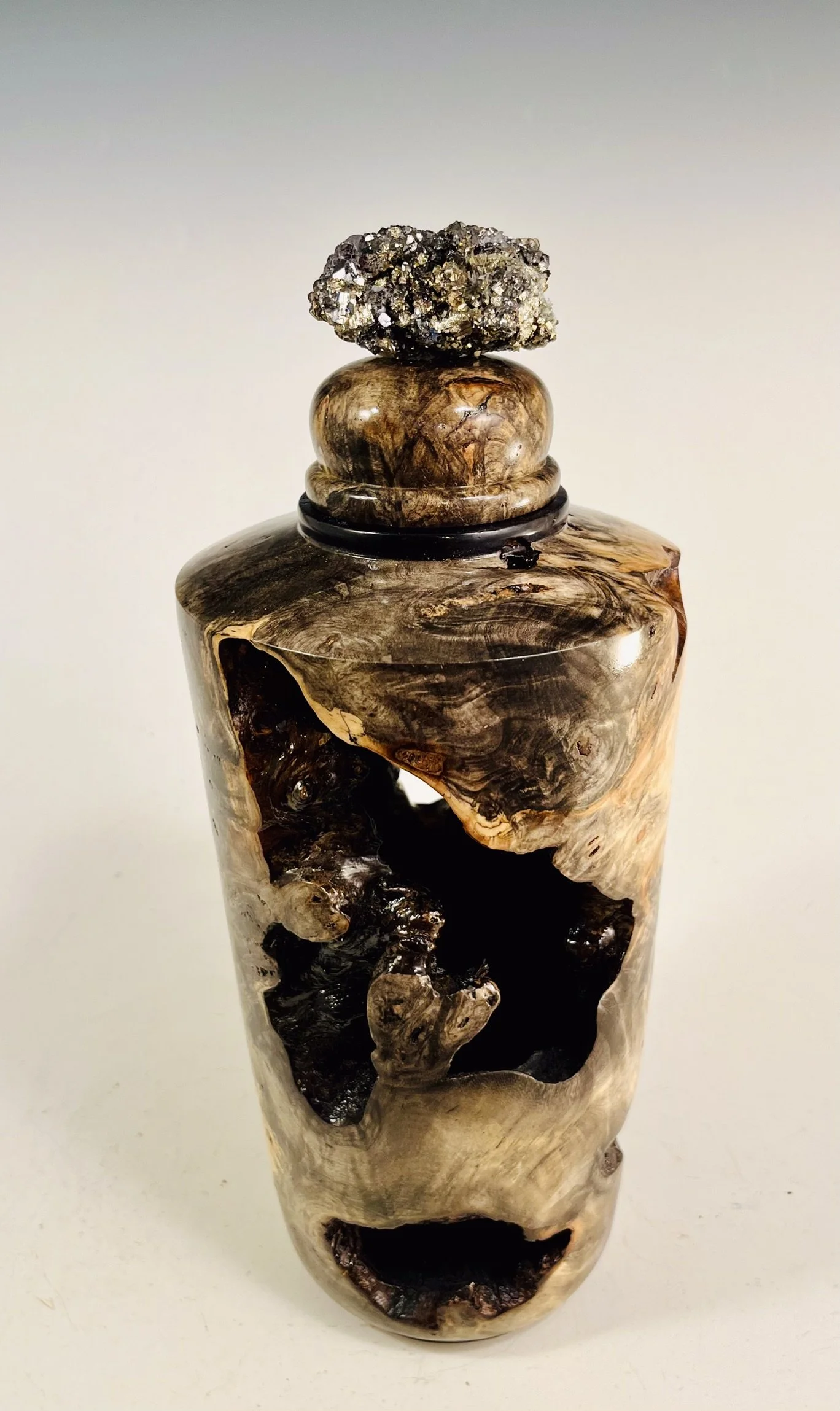 Buckeye Burl Hollow Form with Metallic Mineral Specimen