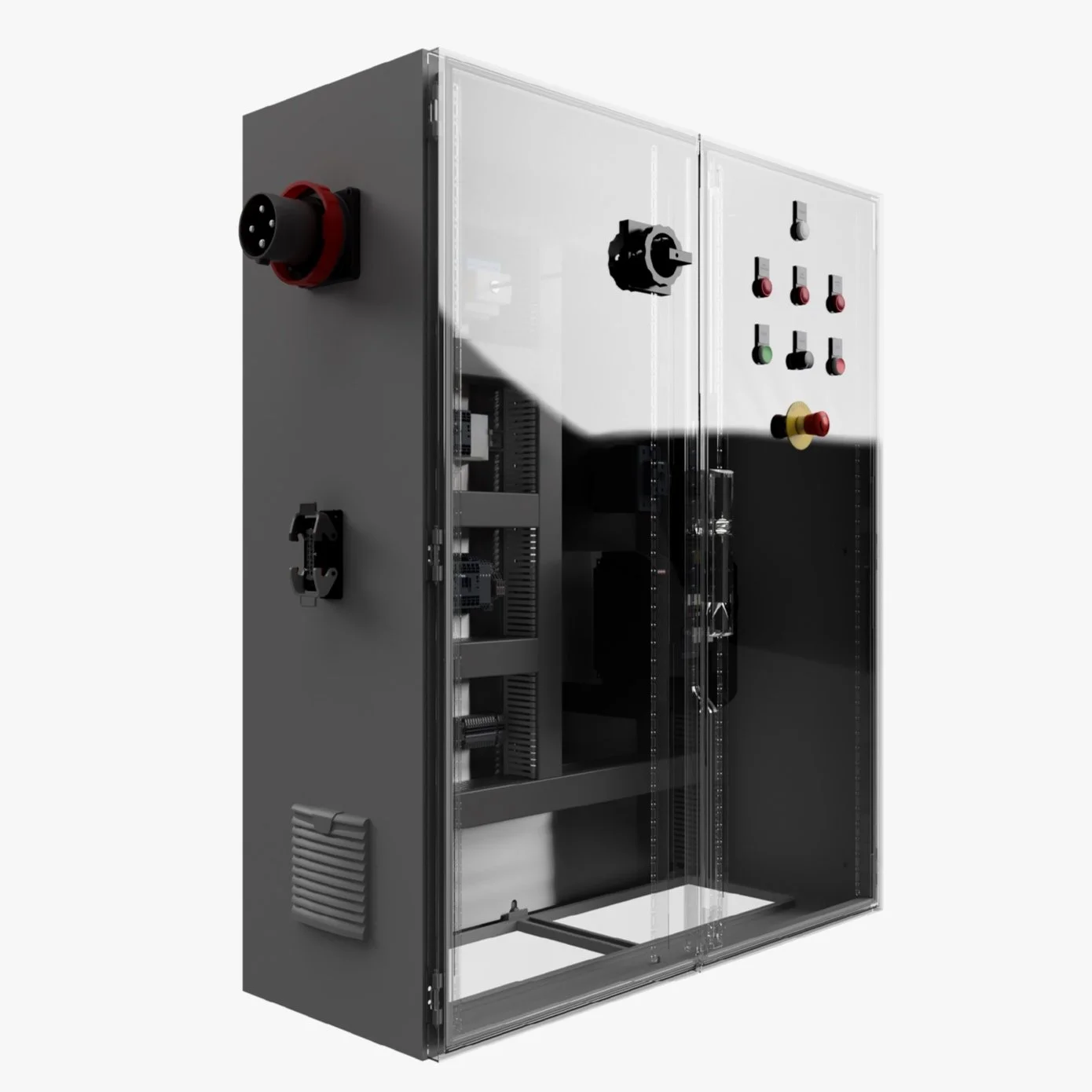 A CGI visualisation of an electrical cabinet produced from a CAD model applying realistic lighting and textures for a photorealistic product render demonstrating Phoenix Consultants' 3D CAD rendering service - Phoenix Consultants