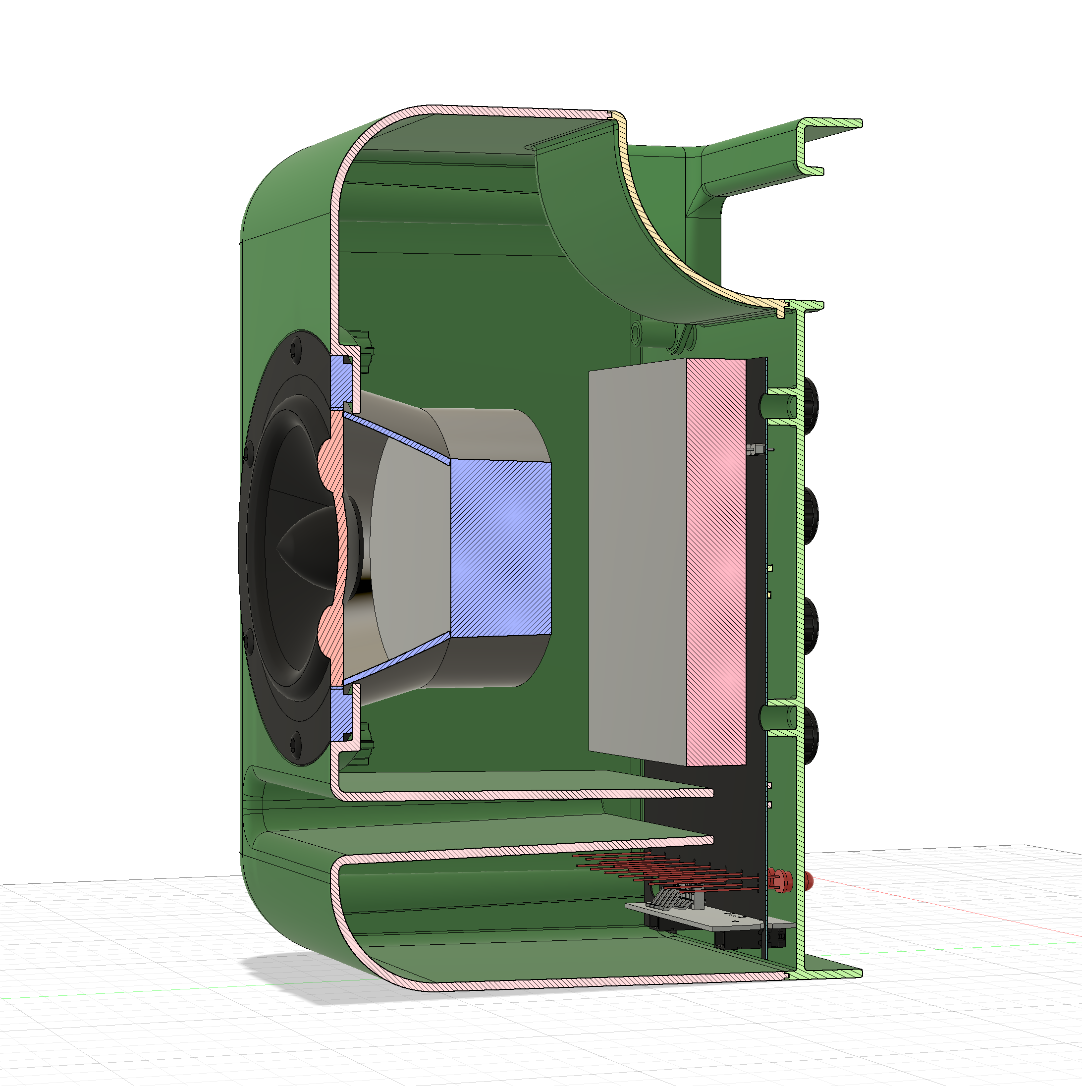 A screenshot taken from 3D CAD showing a cutaway section view of the Birdie Audio Portable Speaker designed by Phoenix Consultants.