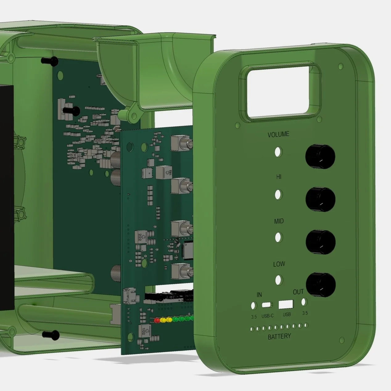 A screenshot from CAD software showing an exploded assembly view of the Birdie Audio portable speaker designed by Phoenix Consultants.