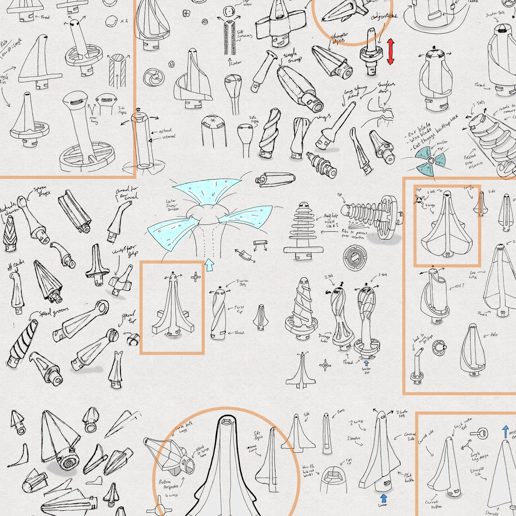 I image of a page of sketches for the EarClear project demonstrating Phoenix Consultants' concept ideation design service - Phoenix Consultants