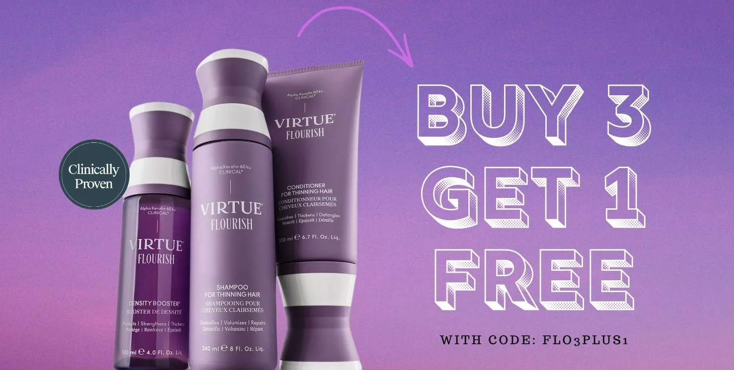 Advertisement for Virtue Flourish hair products promoting a buy 3 get 1 free offer with a code FL03PLUS1. The image shows two bottles and one tube of the products on a purple background.