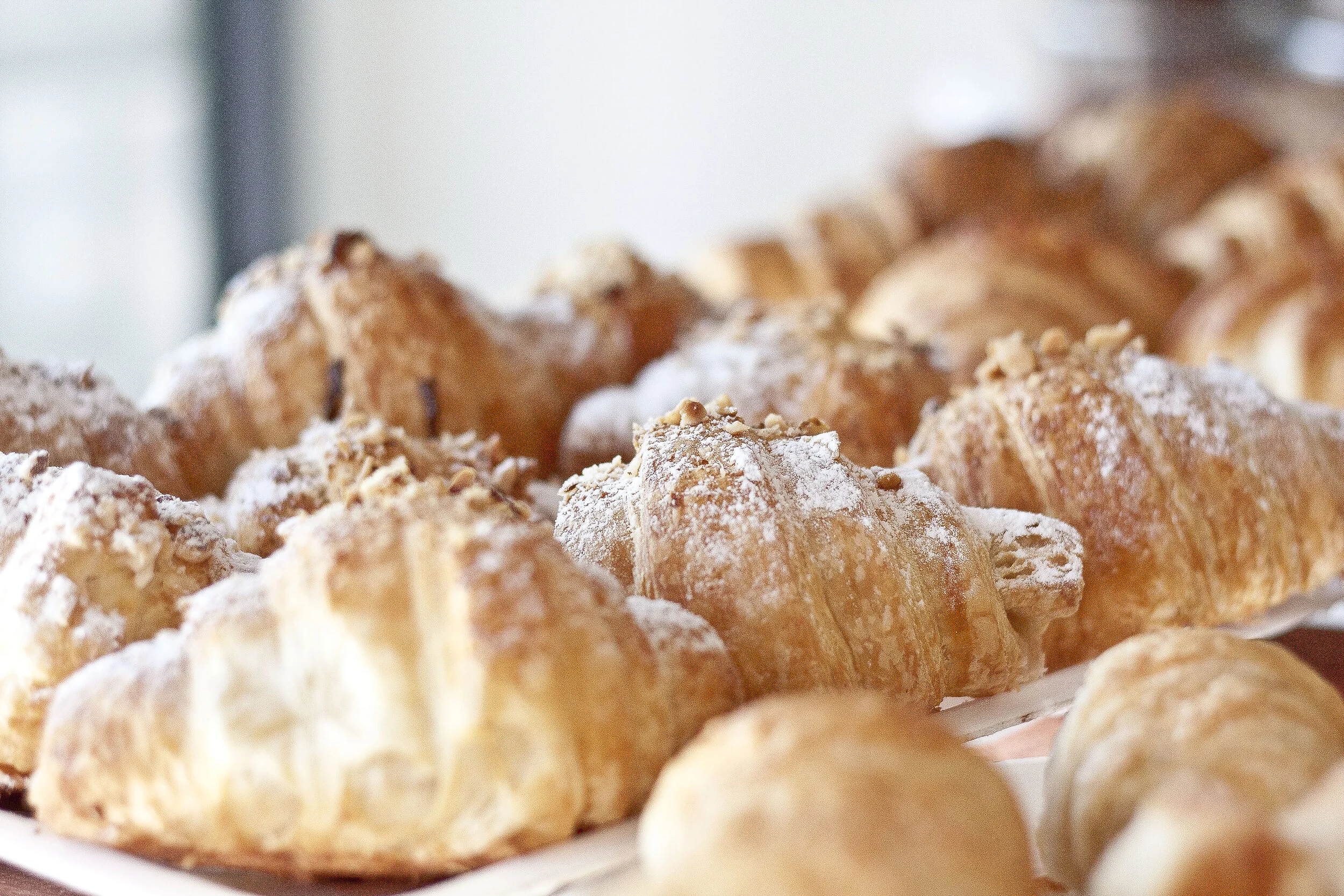 Close-up of assorted croissants displayed on a tray.