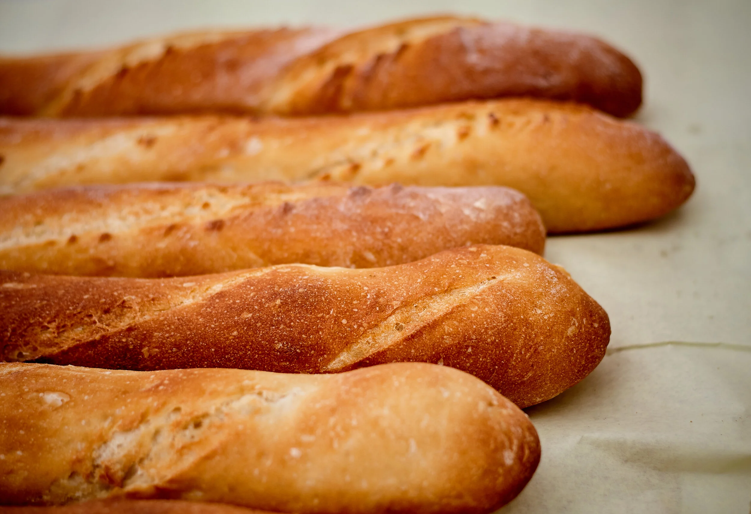 Several freshly baked baguettes with crispy crusts are lined up on a baking sheet.