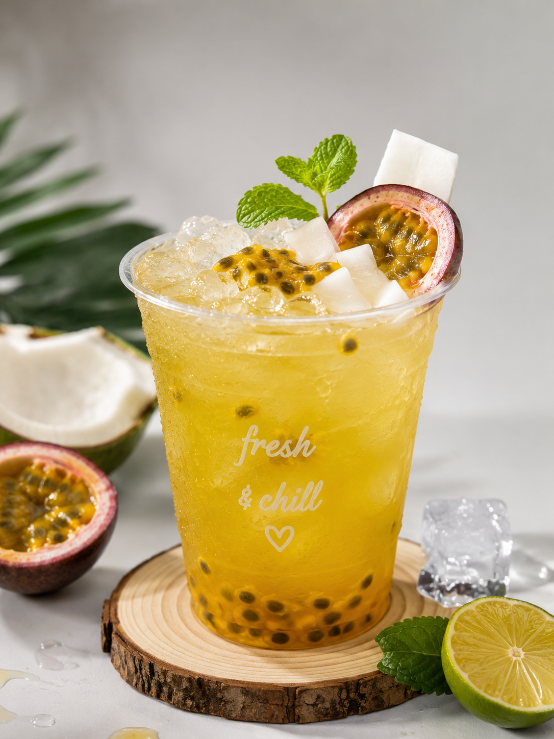 Our Passion Fruit Coconut Muddle blends bright, tangy passion fruit with naturally refreshing coconut juice, creating a vibrant tropical drink with the perfect balance of sweet, tart, and refreshing flavors in every sip.