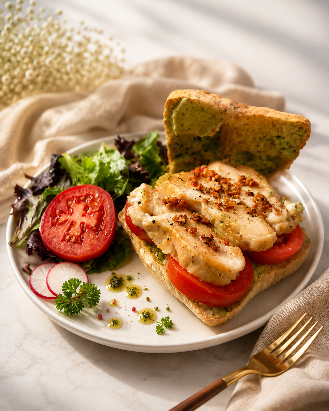 Our Chicken Pesto Ciabatta features tender grilled chicken layered with our house-made pesto sauce on rustic, artisan ciabatta bread—fresh, savory, aromatic, and perfectly satisfying for breakfast or lunch.