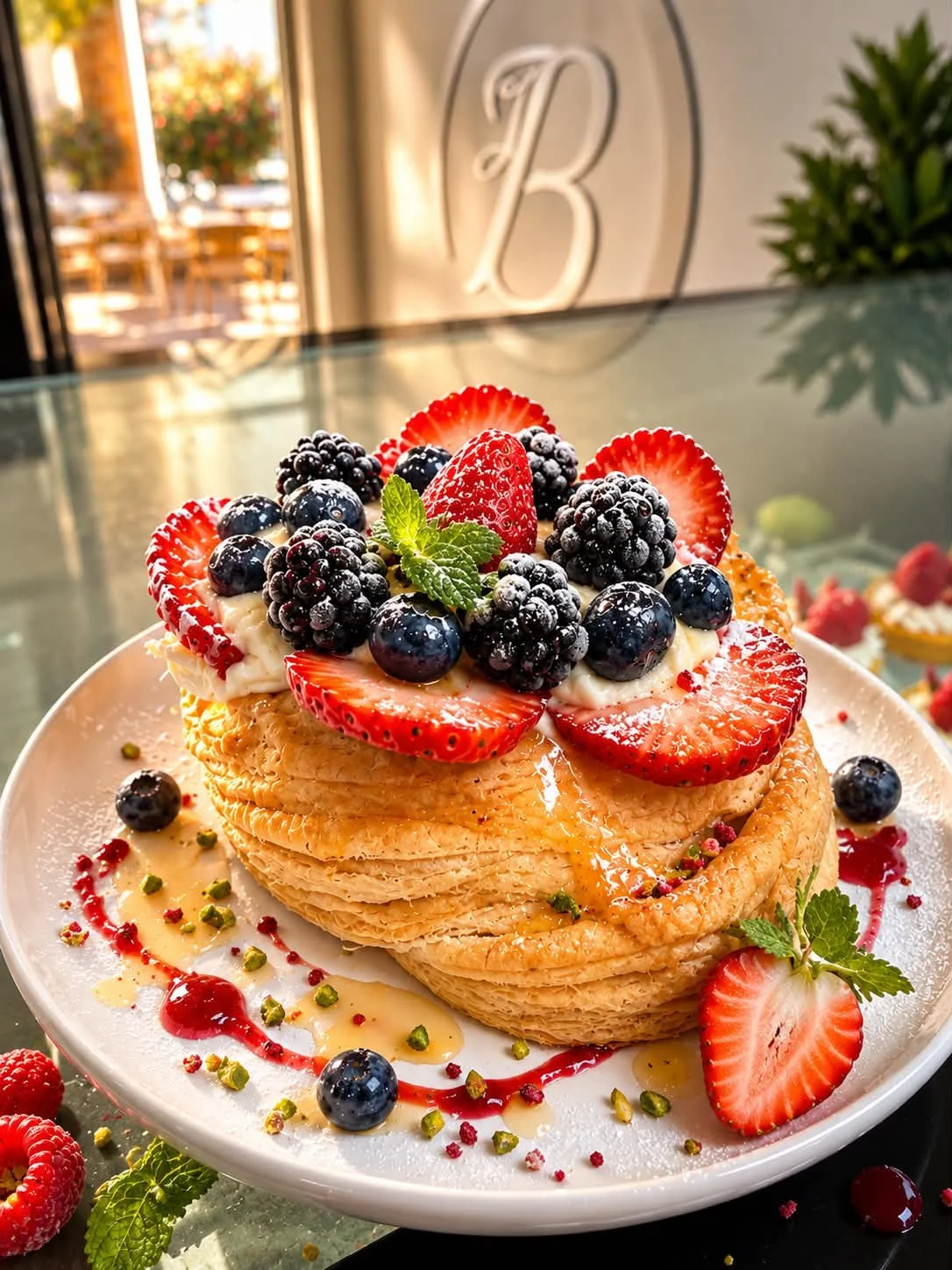 Our Fresh Berry Puff Pastry features delicate, golden, flaky layers filled with smooth, creamy custard and topped with a colorful selection of fresh strawberries, blueberries, and blackberries—a light, elegant, and refreshing pastry perfect for break