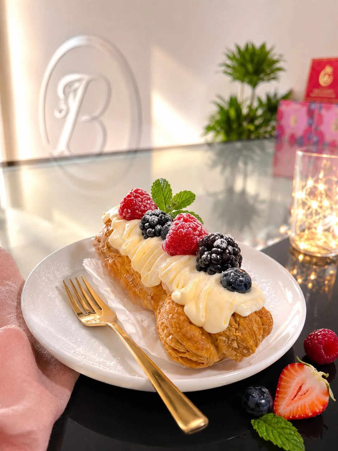 Our Fresh Berry Puff Pastry features delicate, golden, flaky layers filled with smooth, creamy custard and topped with a colorful selection of fresh strawberries, blueberries, and blackberries—a light, elegant, and refreshing pastry perfect for break