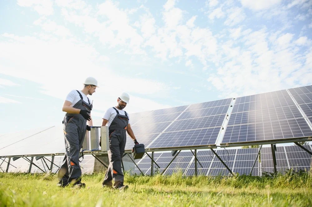 two engineers walking in front of solar panels discussing the project