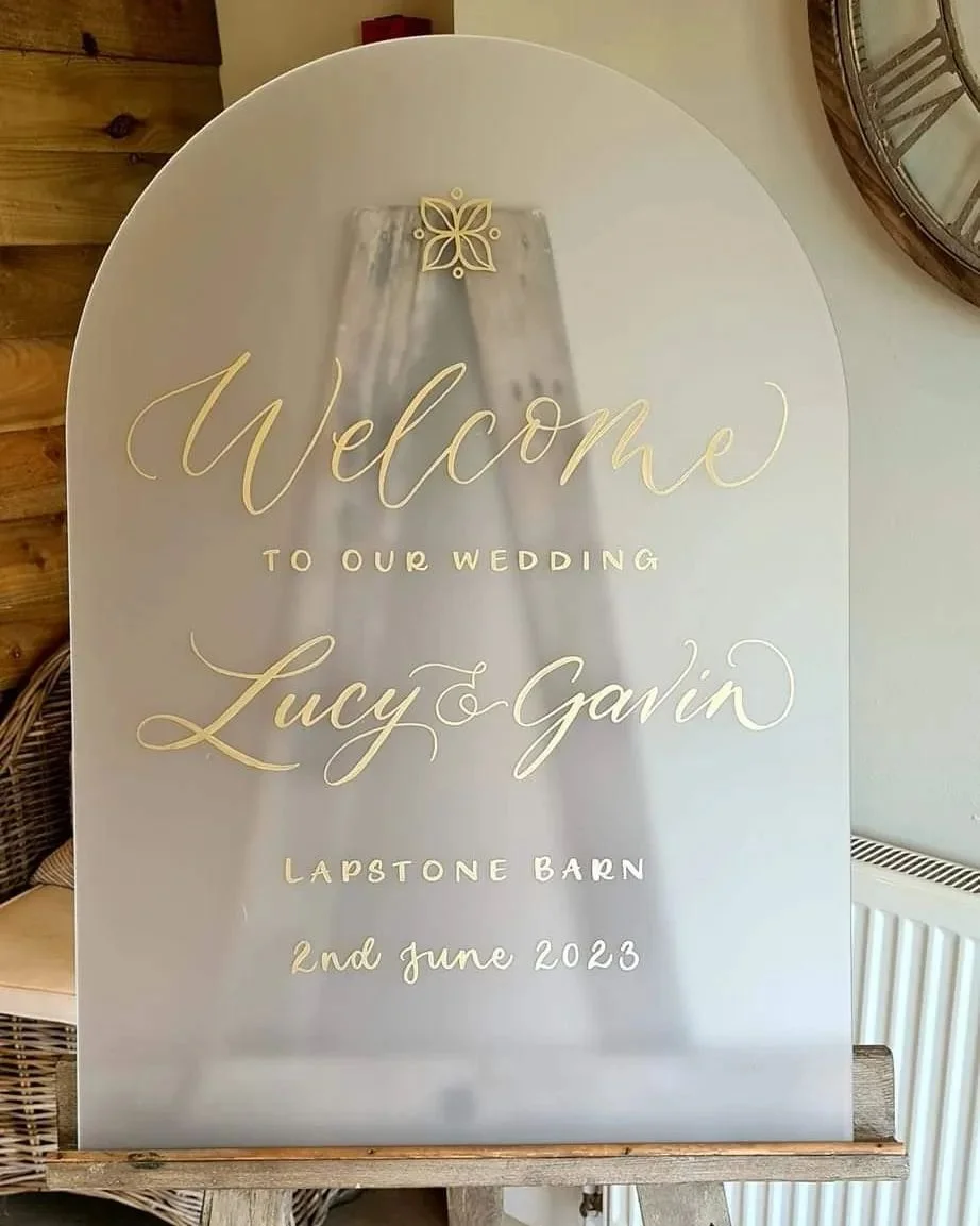 Frosted acrylic arched welcome sign with shine gold calligraphy.jpg