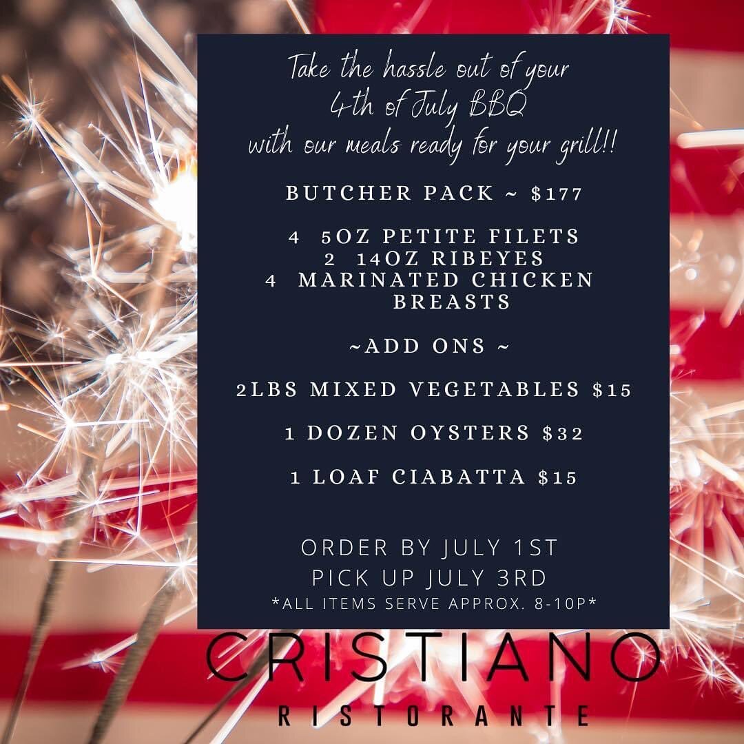 Let us take the hassle out of your 4th of July BBQ! #grillpack #4thofjuly #cristianoristorante #houma #louisiana #catering #grill #BBQ @cristianoristorante @criscayman