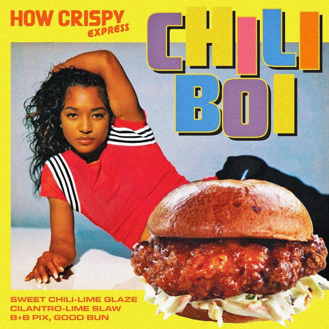 Chili Bois 4ever here at @howcrispy and this one goes out to our queen 😍 Sweet Chili-Lime Glaze, Cilantro-Lime Slaw, B+B Pix, Good Bun // OPEN TIL 7PM DAILY // Delivery via UberEats and ChowNow