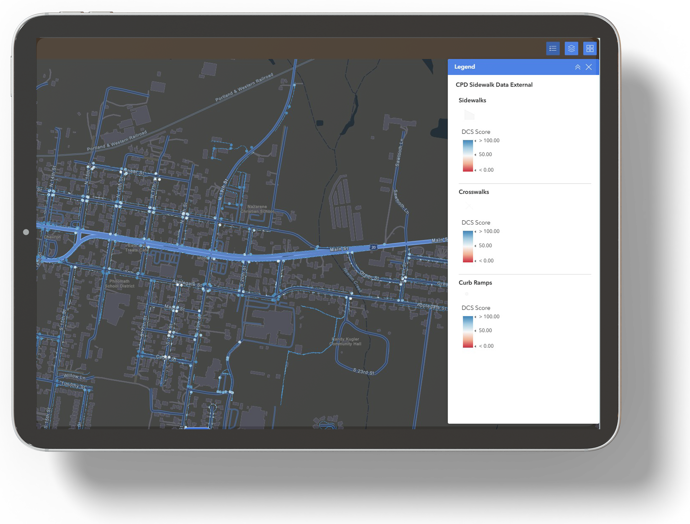 ipad showing screen with sidewalk Trip-and-Fall Risk Assessments map