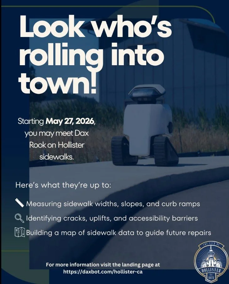 City of Hollister Facebook announcement of Dax Rook sidewalk assessment robot deployment beginning May 27, 2026