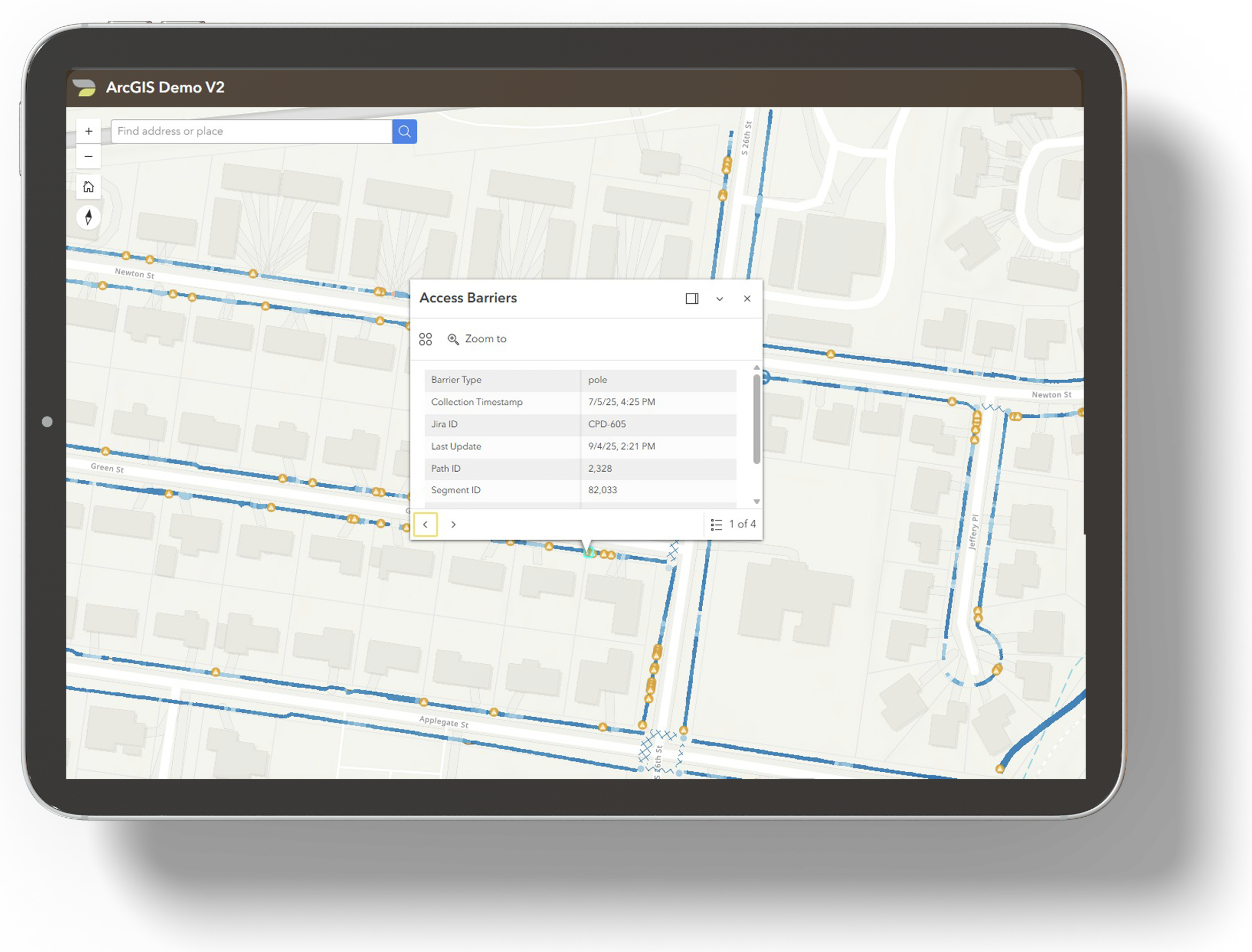 ipad showing screen with ADA Transition Plan Assessment shapefiles in ArcGIS