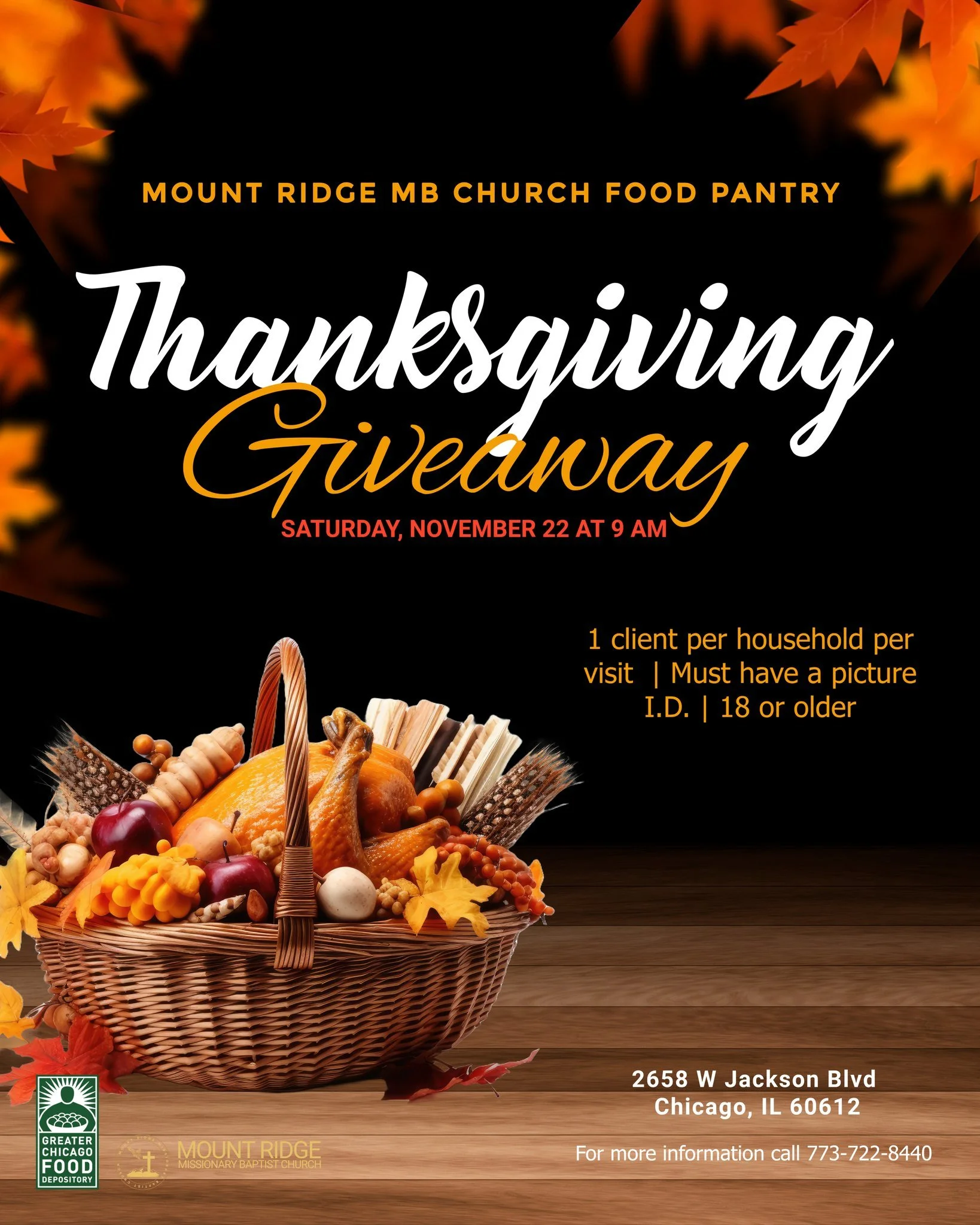The countdown is on! ⏳ Our Thanksgiving Basket &amp; Coat Giveaway is coming soon, and we&rsquo;re still collecting new and gently used coats for all ages.

Bring your donations this week to:
📍 Mount Ridge M.B. Church
2658 W. Jackson Blvd., Chicago,