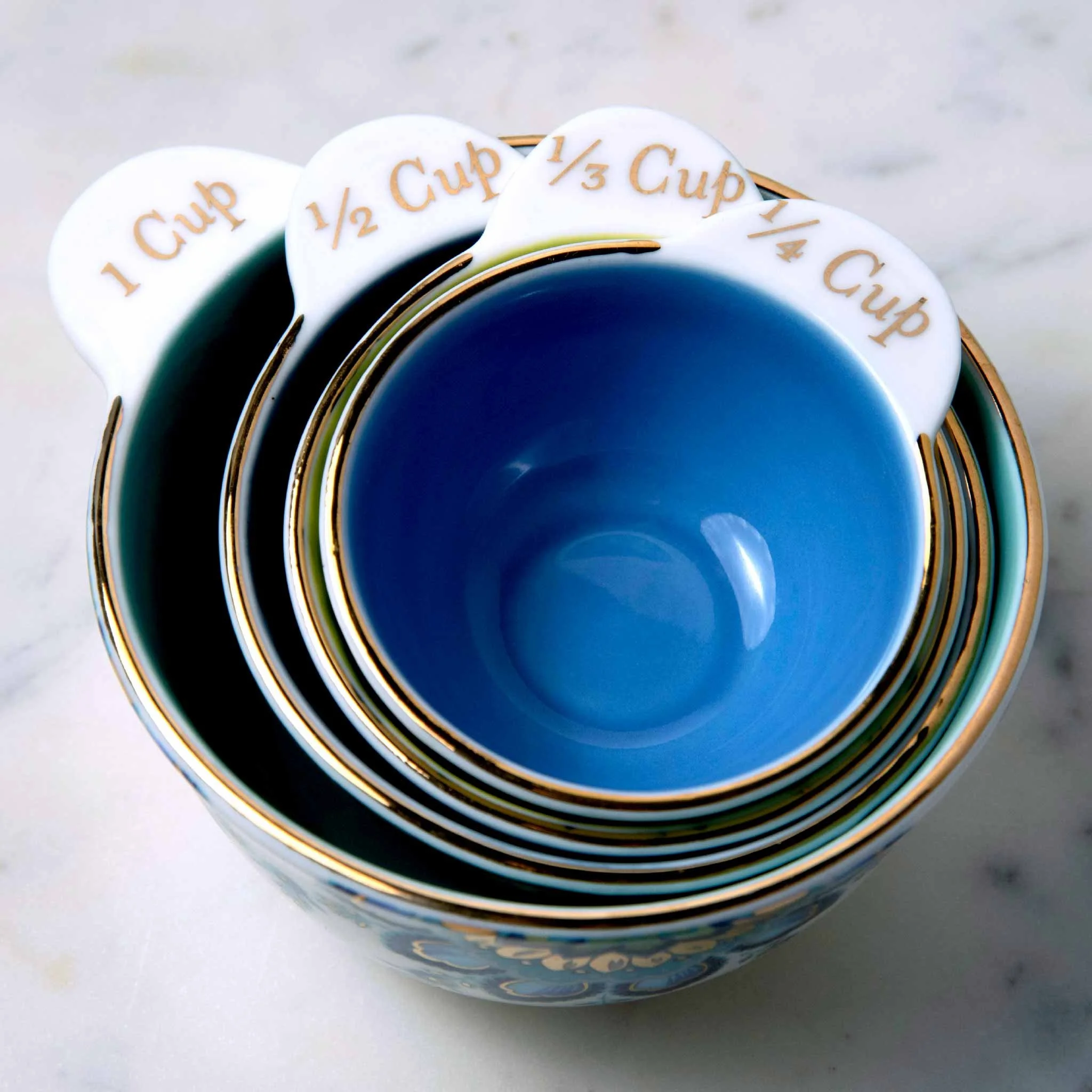 Nested Ceramic Measuring Cups Multicolor Floral Design Gold Detail